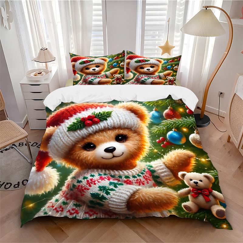 3pcs Christmas Teddy Bear Bedding Set - Includes One Quilt Cover and Two Pillowcases (No Core) - Festive Gift for Bedroom Decor - Polyester