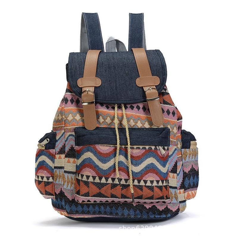 Pattern casual bag denim contrasting color women's large-capacity backpack