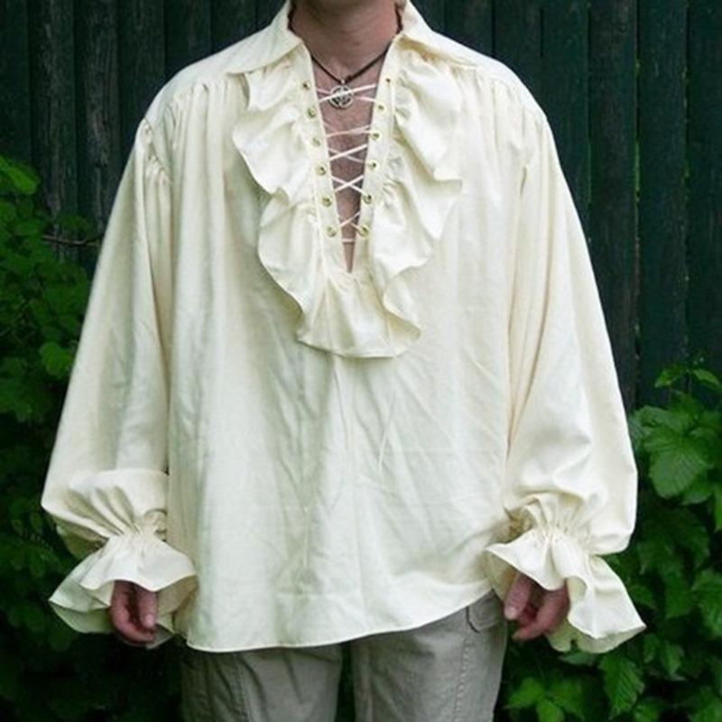 Vintage Herren Uni Langarmhemd mit gefalteten Puffärmeln