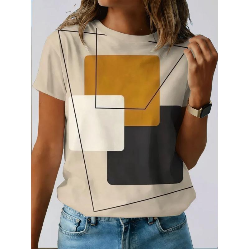 Fashion Women's Crew Neck Short Sleeve 3D Color Printing Striped Short Sleeve Crew Neck T-Shirt
