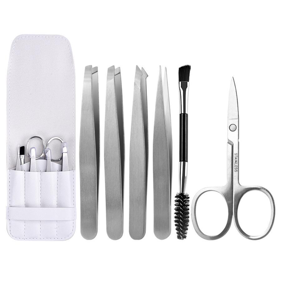 Eyebrow Tweezer Set 6 Pcs Precision Tweezer for Eyebrows with Curved Scissors Plucking Daily Beauty Tools with Leather Case