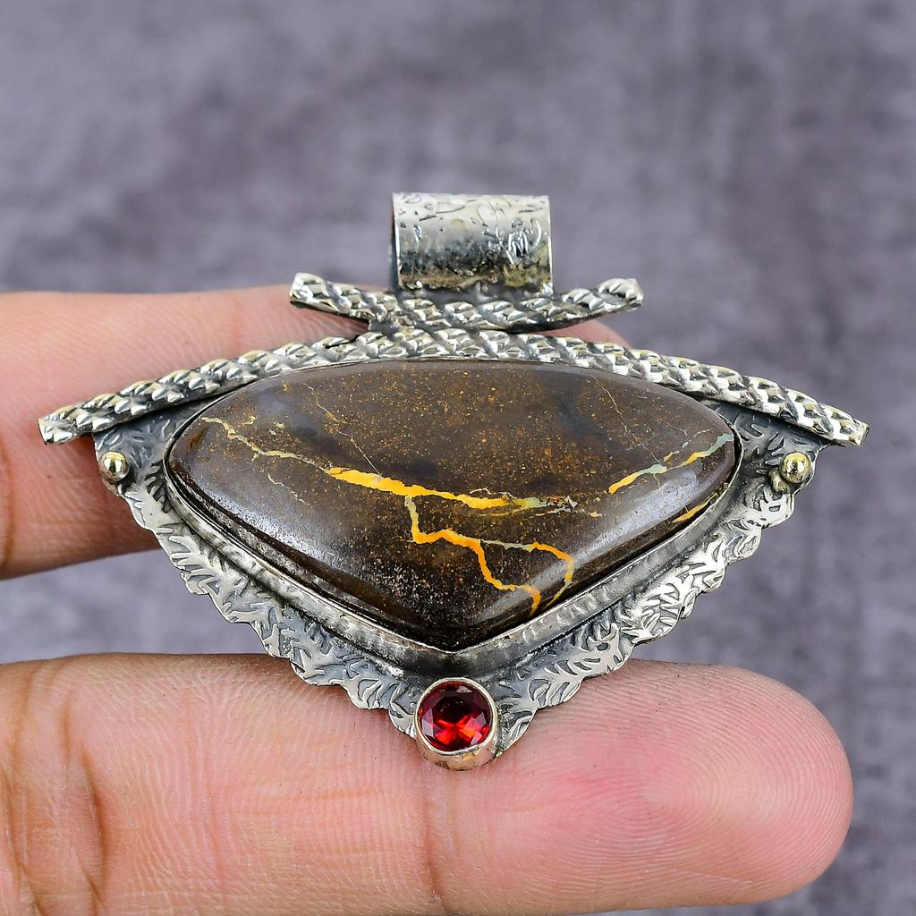 Natürlicher Boulder Opal, Granat, handgefertigter 925 Sterling Silber Anhänger 2,17" C6Z49