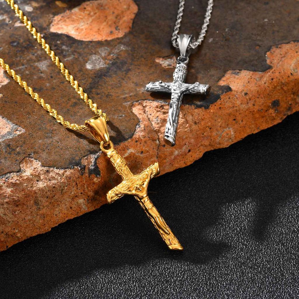Stainless Steel Crucifix Necklace for Men Boys,Catholic Cross Pendant Necklace with Twisted Rope Chain,Faith Prayer Jewelry