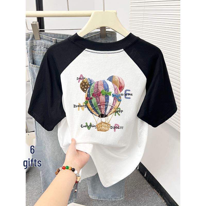 

Korean Style Cartoon Print Color-Block Raglan T-Shirt - Women s Summer Cotton Top L
