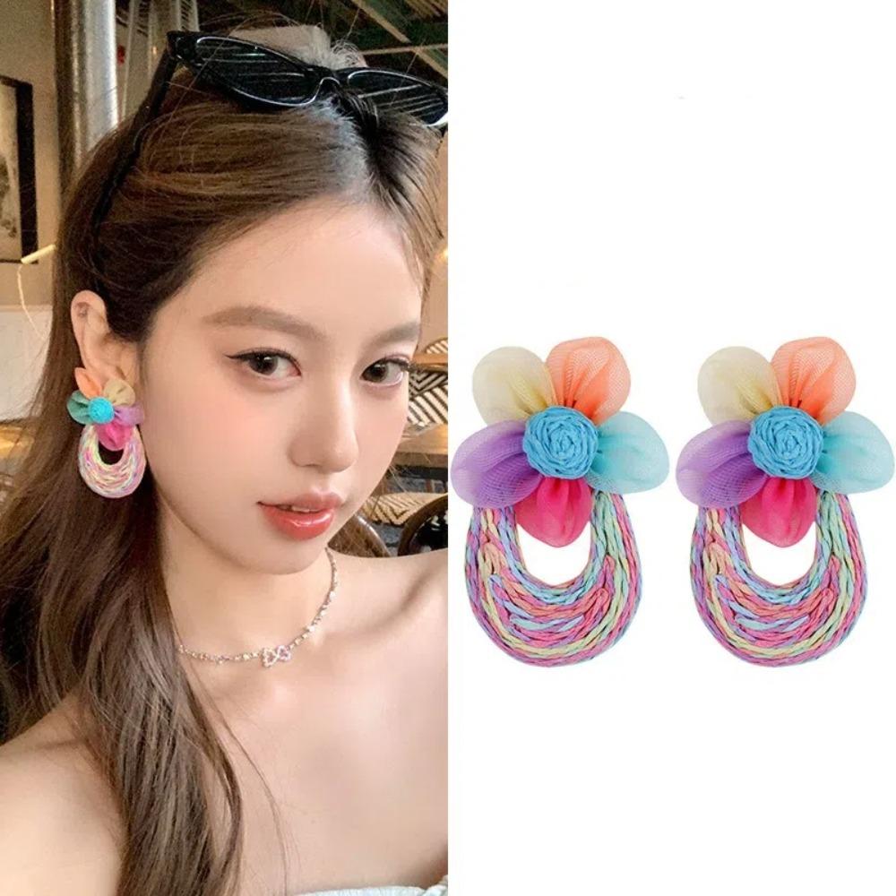U-shaped Straw Weave Earrings Sweet Beach Drop Earrings Mesh Flower Earrings  Girls Gift