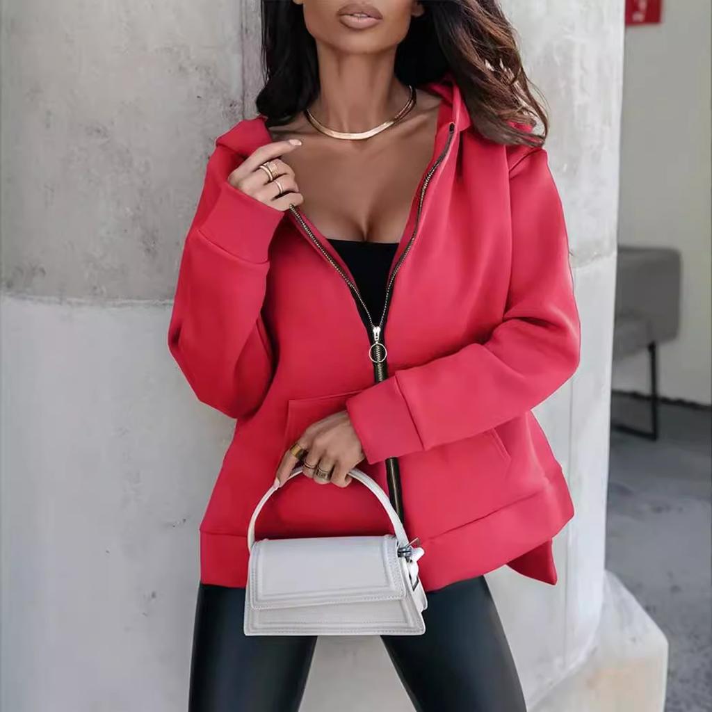 Ladies Spring Autumn Casual Long Sleeve Hooded Zipper Solid Color Cardigan Hoodies Sweatshirt Top