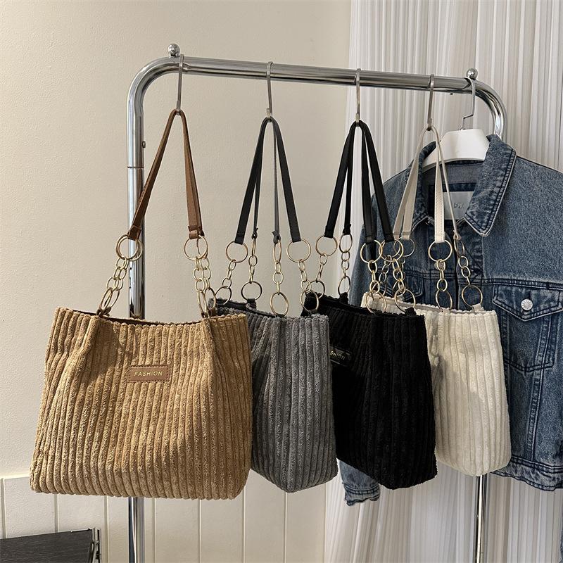Retro Large Capacity Shoulder Bag Casual Simple Portable Shopper Tote Bag Corduroy Solid Commuter Zipper Women'S Handbag Quality