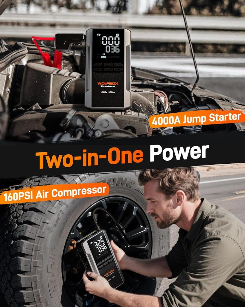 4000A Jump Starter with 160PSI Air Compressor, 12V Battery Booster, 65W Fast Charge, 24000mAh Portable Inflator, LED Display for