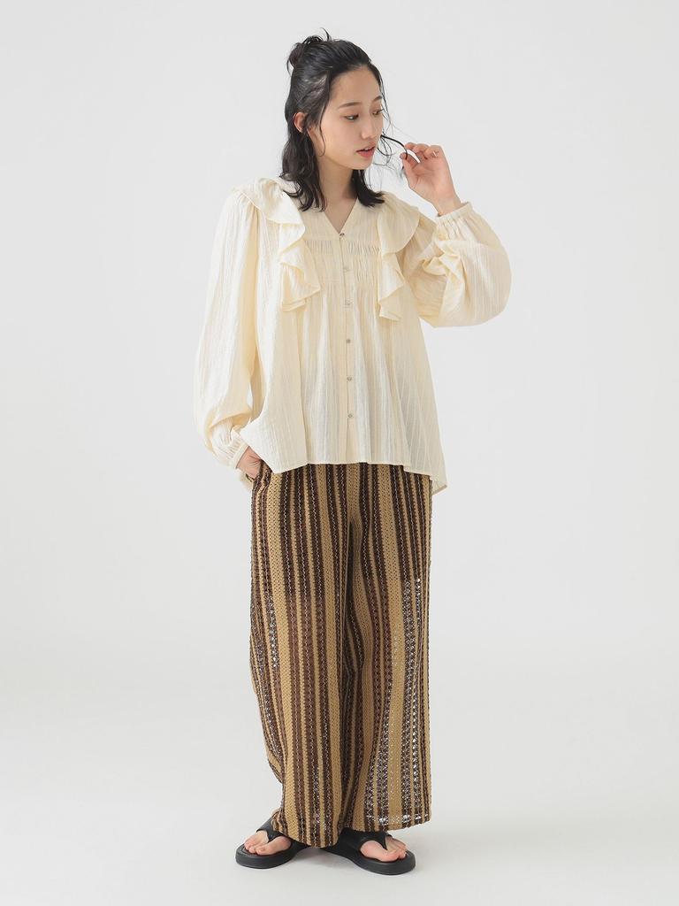 B:MING LIFE STORE by BEAMS Women's Indian Striped Lace Pants (Sizes S-M) Beige