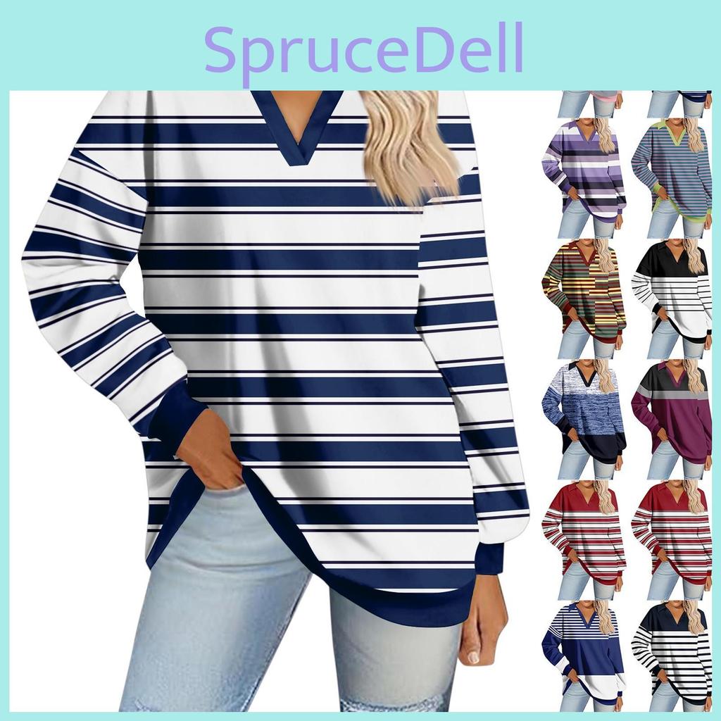 Printed Stripe Fashion Womens V Neck Long Sleeve Loose Pullover Sweatshirt Top