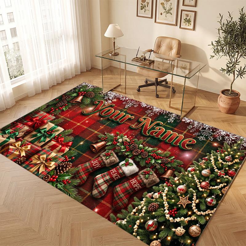 Christmas Theme Soft Crystal Velvet Rug Custom Name & Text Print Non Slip Floor Rug for Bedroom Living Room