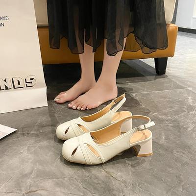 Chaussures d'été Sandales en cuir véritable Décontractées Rétro Français Bout rond Découpe Sandale Gladiateur Chaussure à talon épais pour femme