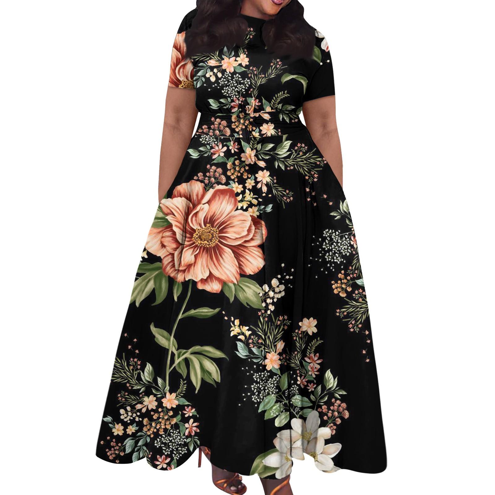 

Женское повседневное модное свободное платье большого размера с принтом, круглым вырезом и короткими рукавами, карманными бретелями XXL