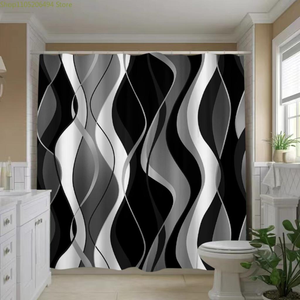 1pc Black & White Print Pattern Polyester Shower Curtain - No-Drill Hooks, Machine Washable Bathroom Decor with Modern Abstrac