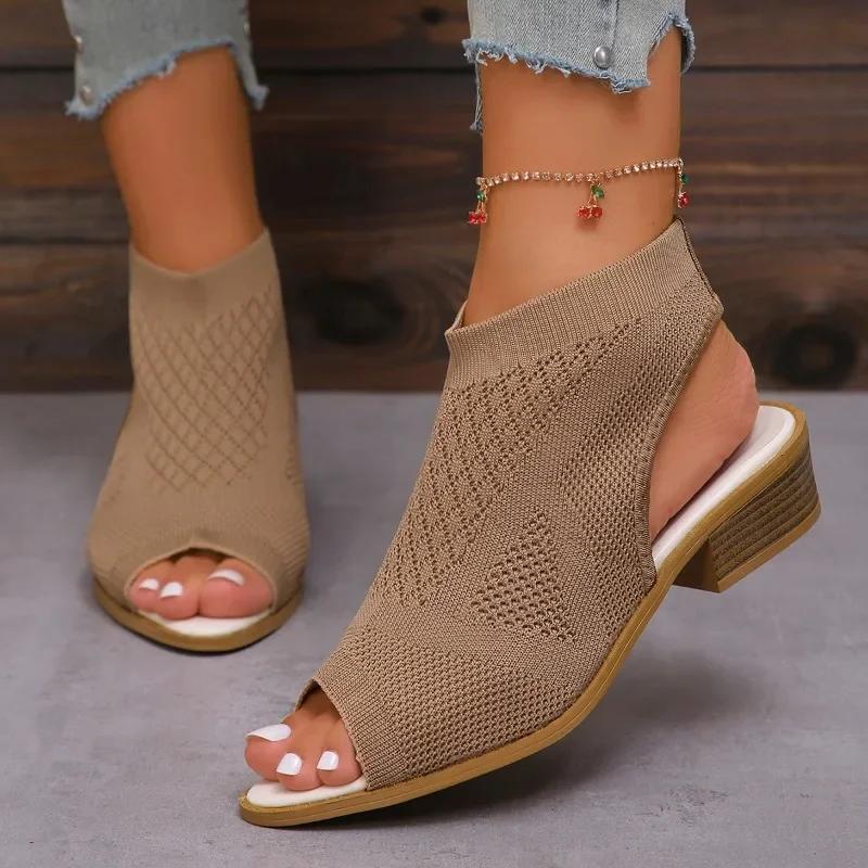 

Мода 2024 Новые женские сандалии с открытым носком, сетчатые дышащие женские туфли однотонные на квадратном каблуке, туфли с рыбьим носком, Zapatos De Mujer 43 светло-коричневого