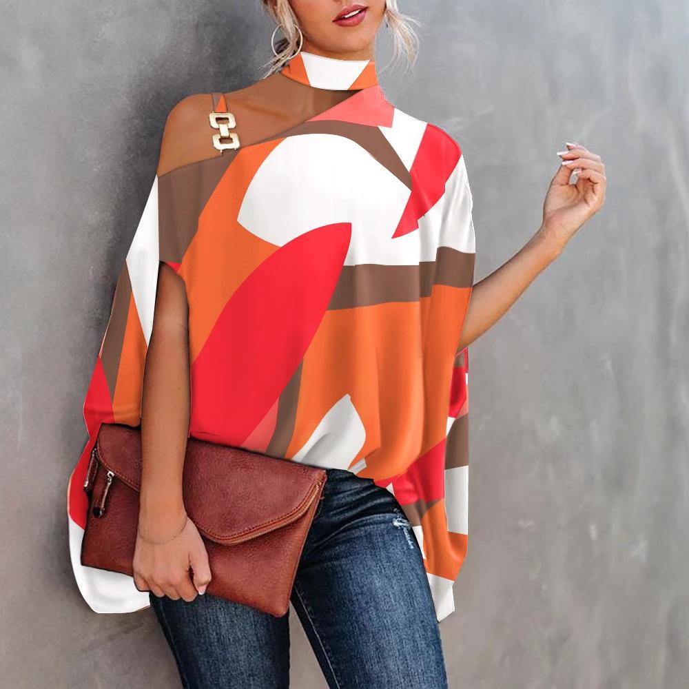Blusa Casual da Donna con Scollo all'Americana, Spalle Scoperte, Maniche Corte a Pipistrello, Stampa Raso, Orlo Asimmetrico