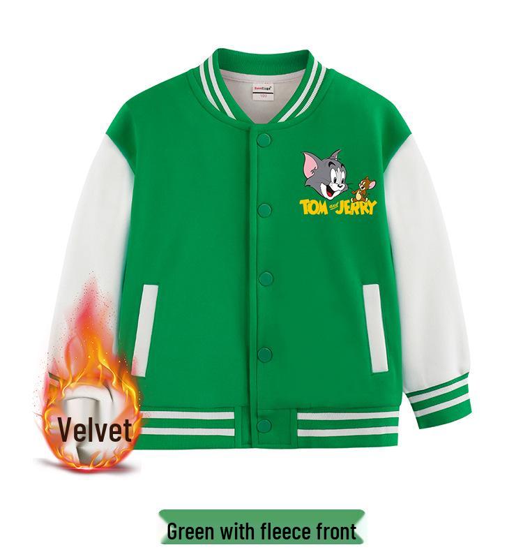 Tom and Jerry Thickened Boys' Baseball Jackets - Velvet Lined, Spring/Autumn Casual Wear