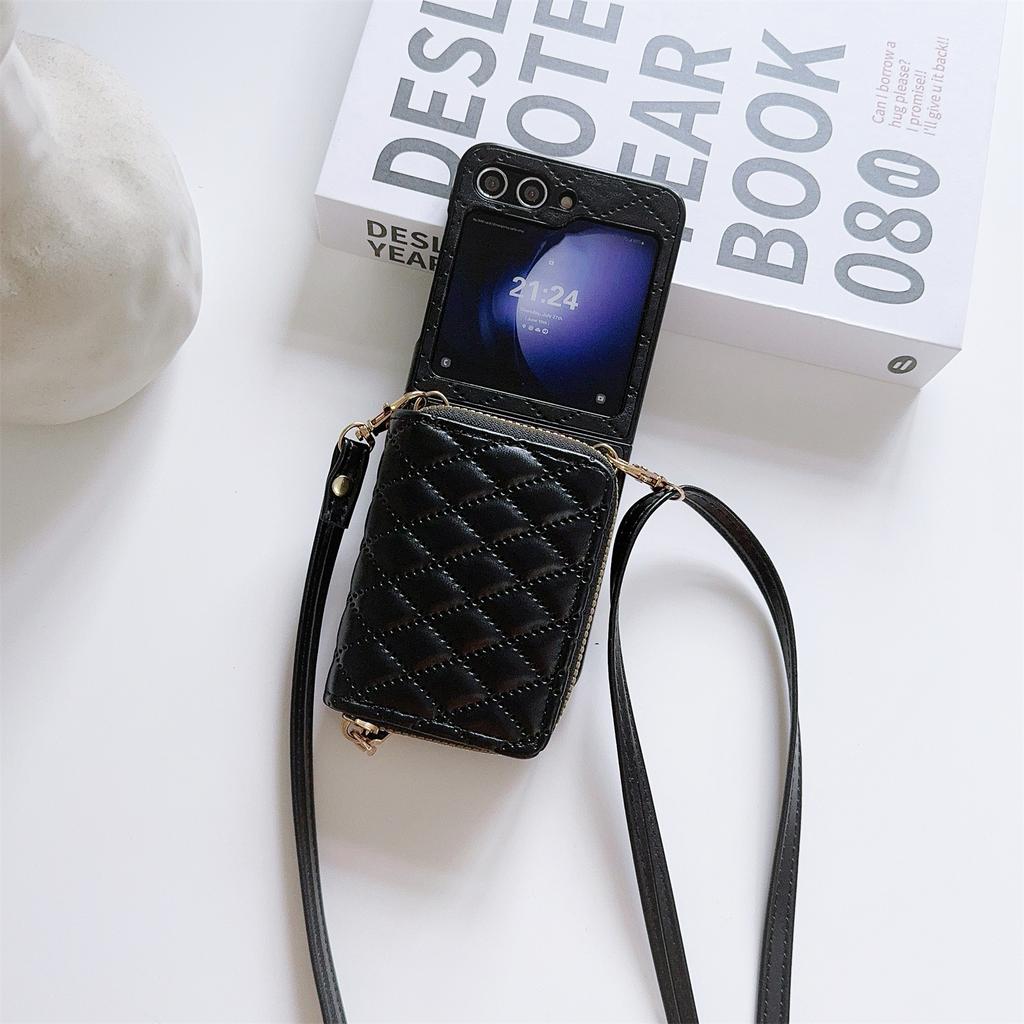 For Samsung Galaxy Z Flip5 5G Phone Case Card Bag PU Leather+PC Cover with Crossbody Strap