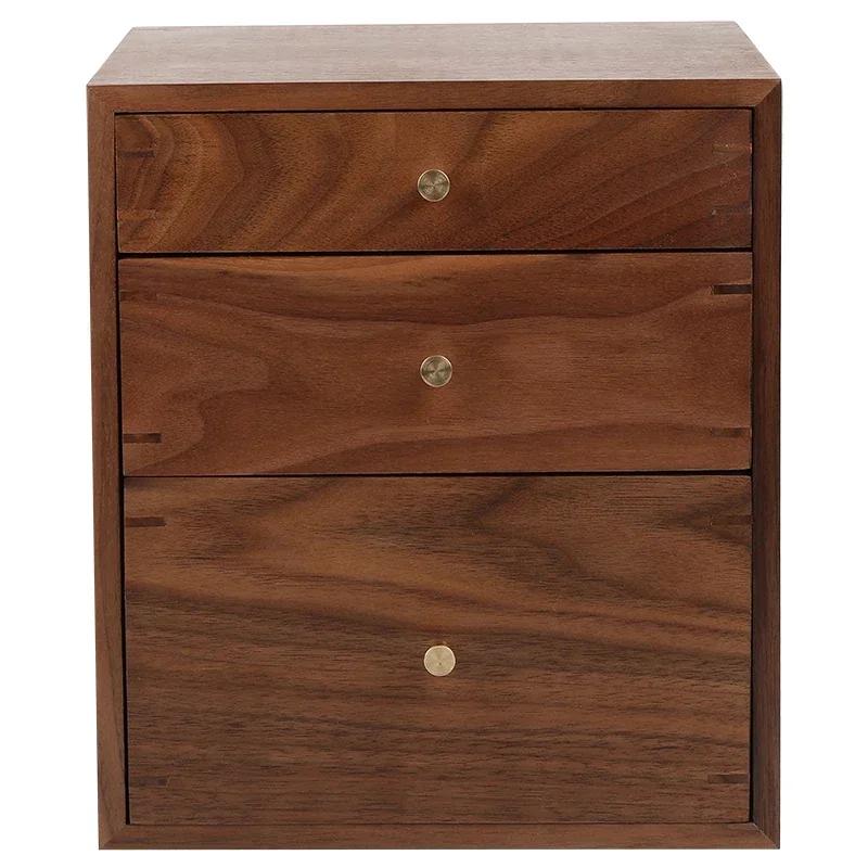 Black Walnut 3-Layer Dustproof Drawer Storage Living Room Cabinet Nordic Makeup Organizer Stackable Desktop Cupboard