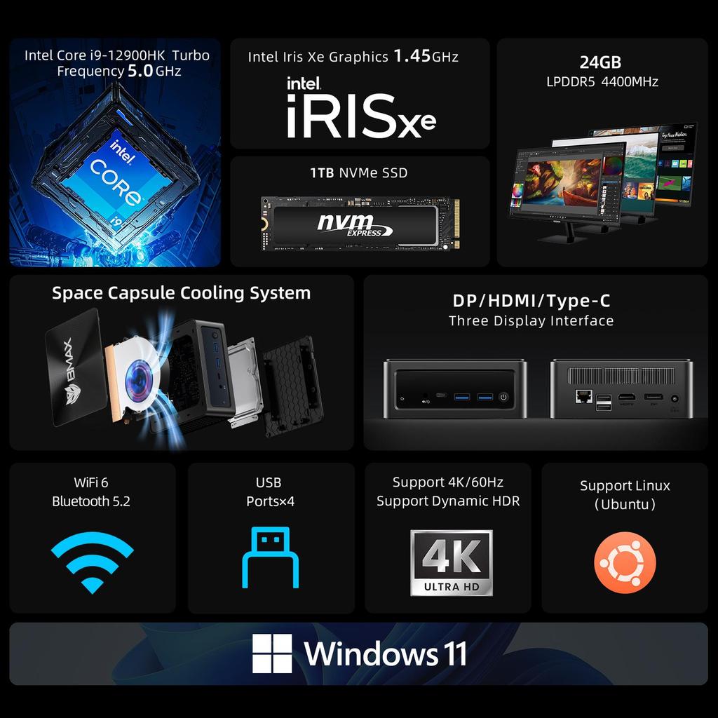 Mini Pc BMAX B9 POWER  24G+1T  SSD Intel Core i9-12900Hk Processor  Intel Iris Xe Graphics eligible Window 11