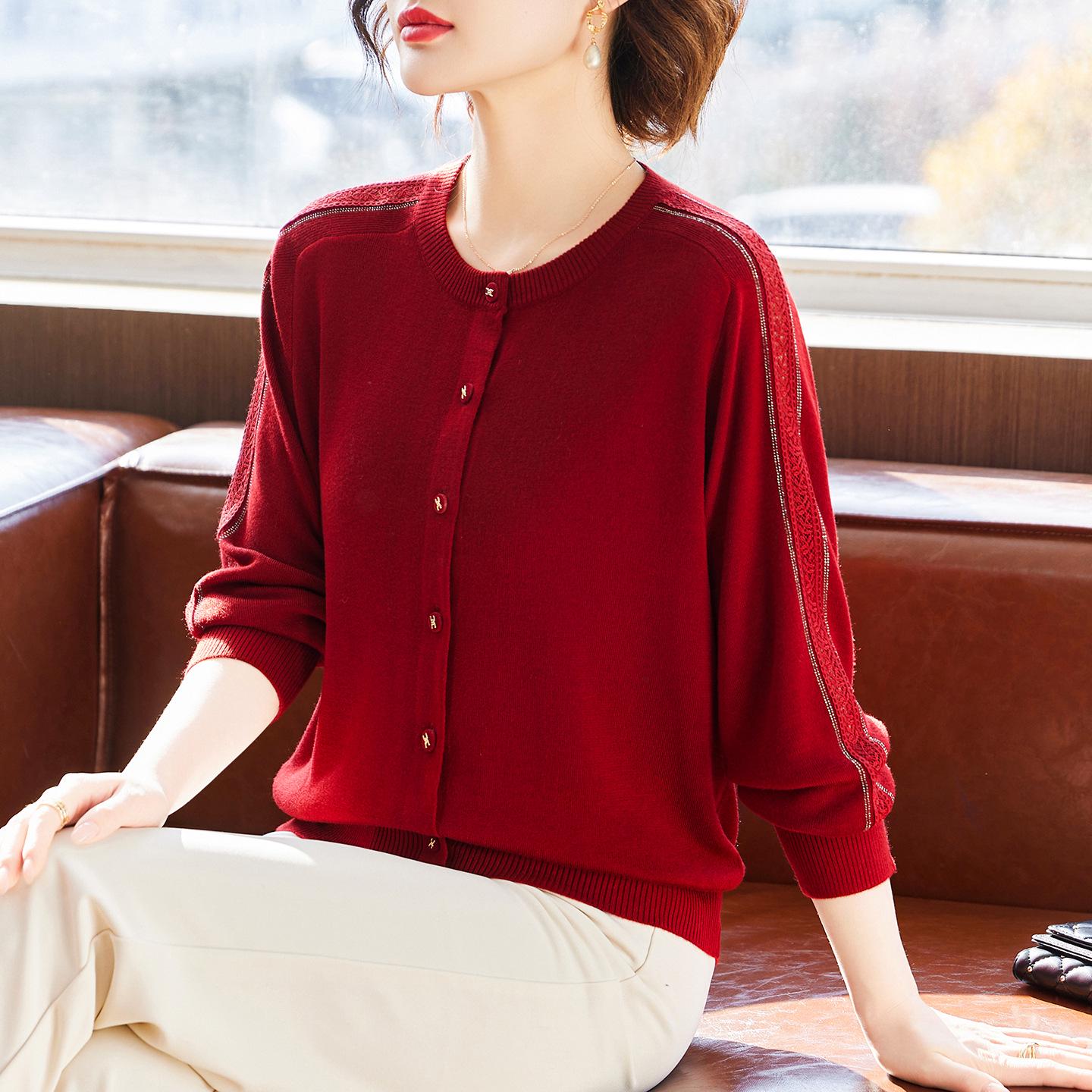 

Chic Mom s Knit Cardigan with Rhinestones and Lace - High-Grade Lyocell Wool, Spring 2026 Collection 4XL (155-170 lbs) красный