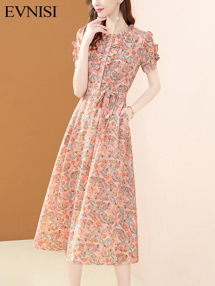 

Элегантные шифоновые платья EVNISI с цветочным принтом, новинка лета 2022, модное платье трапециевидной формы с рюшами и шнуровкой, милые повседневные платья