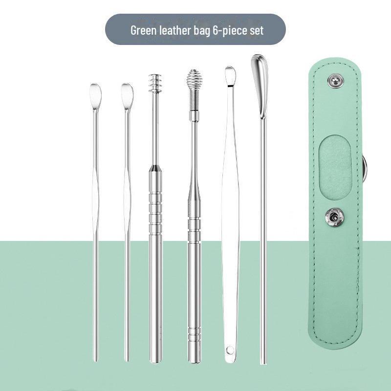 Six-Piece Stainless Steel Ear Cleaning Set with Spring Spiral Tools & Leather Case