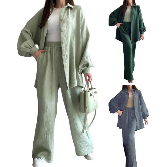 Yousheng 2 Pcs/Set Women Shirt Pants Set Turn-down Collar Single-breasted Long Sleeves Loose Top Elastic Waist Wide Leg Trousers Sport Tracksuit