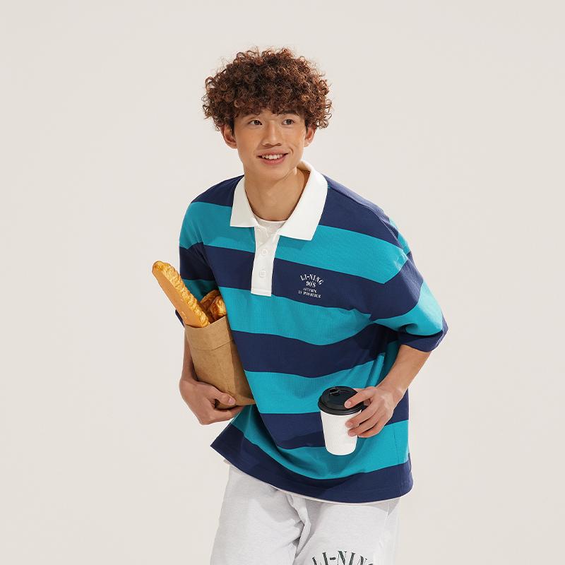 Li-Ning Weekend Youth Casual Comfortable Striped Polo Shirt Unisex Polo Shirts Reef-Blue APLU235-3