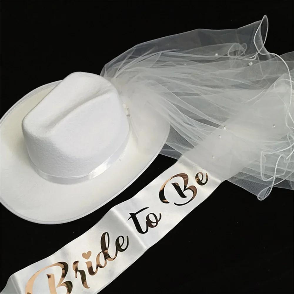 Bride White Cowboy Veil Hat Pearl Rhinestone Wedding Cowgirl Hat Bach Bachelorette Hen Party Bridal Shower Decoration Gift