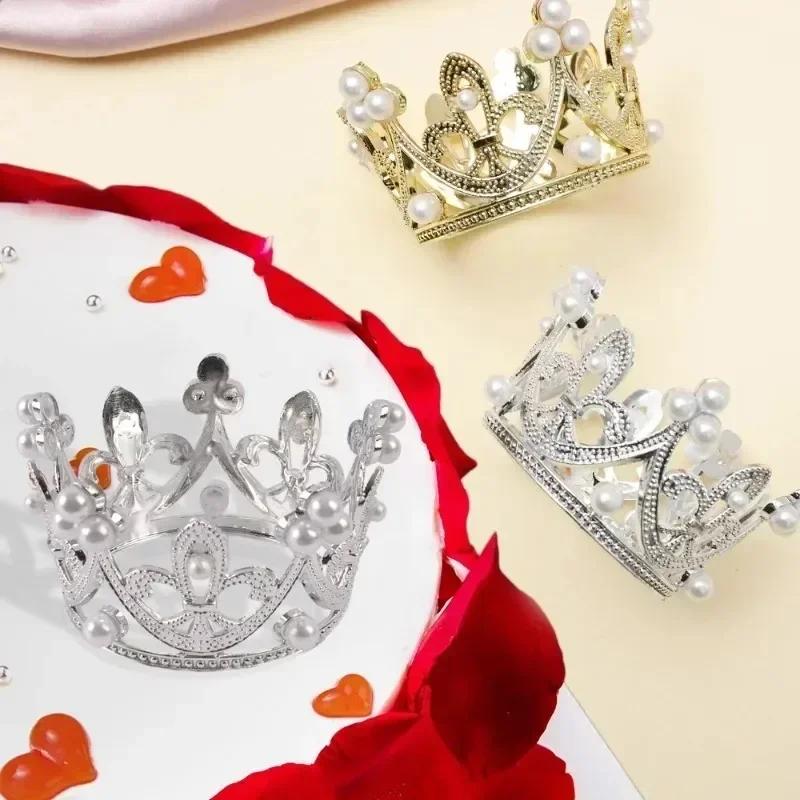 50/1pcs Mini Crown Cake Decoration Princess Topper Pearl Tiara Children Hair Ornament for Wedding Birthday Party Cake Decoration