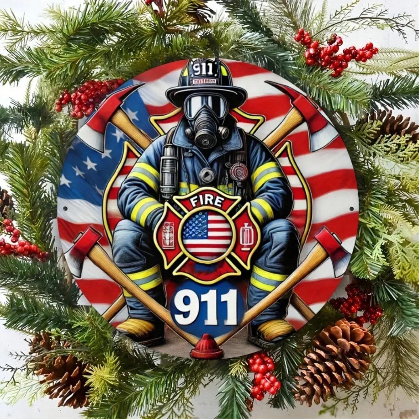 Firefighter Salute American Flag Metal Wall Art Patriotic Home Decor Round Sign