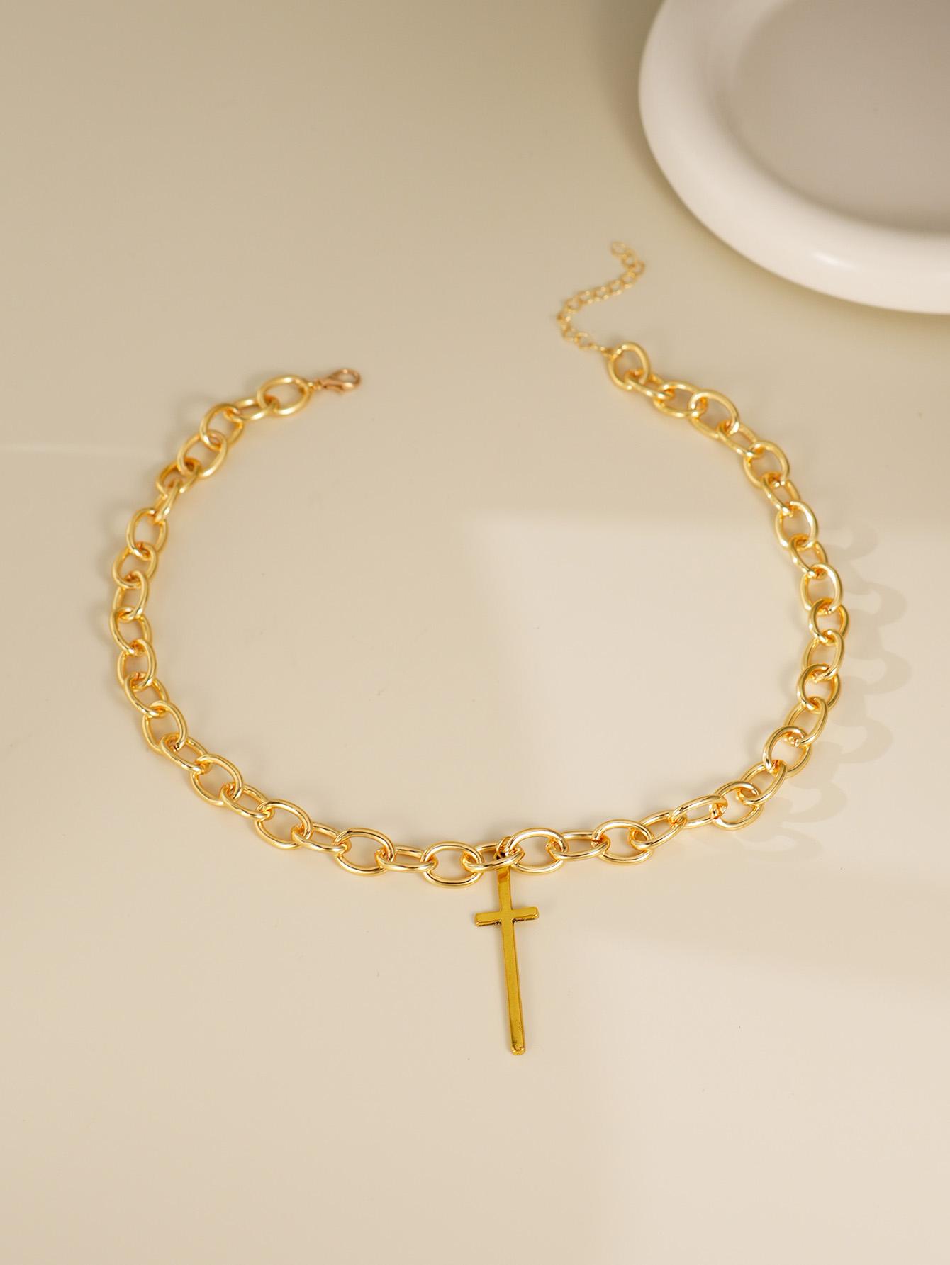 Women s Chunky Golden Chain Necklace, Layered Statement Necklace With Heart, Star & Cross Charms, Fashion Forward Jewelry