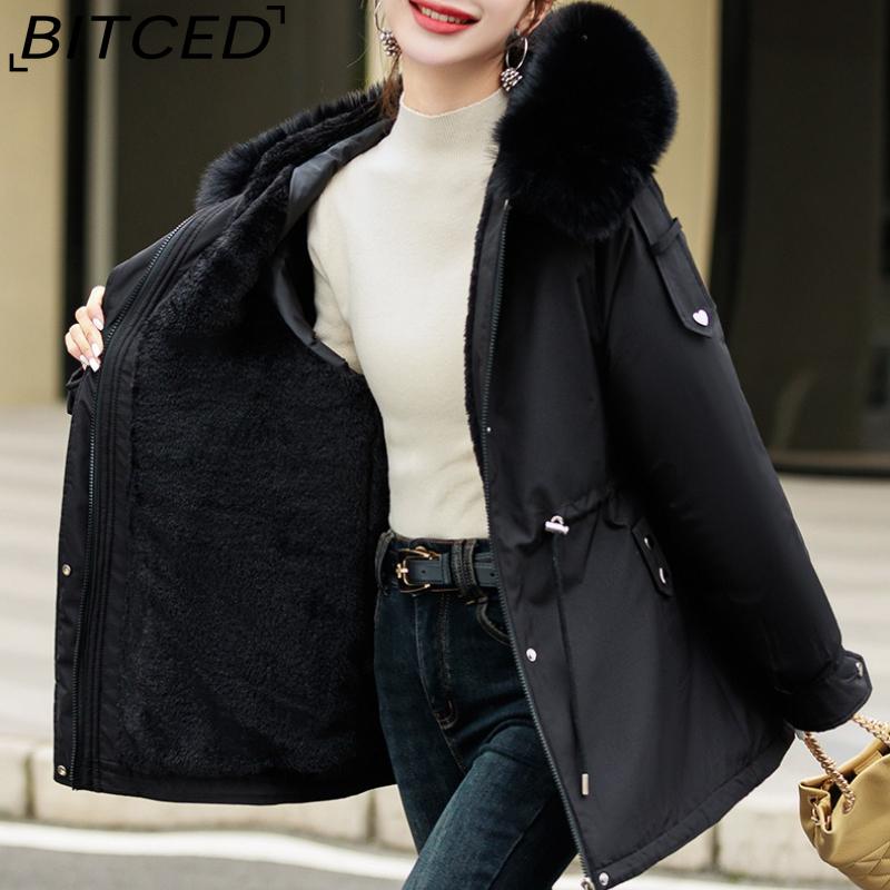 BITCED Fleece-Lined Thickened Down-Filled Cotton Coat for Women - Short Style Autumn/Winter Waist-Defining Design with Large Fur Collar