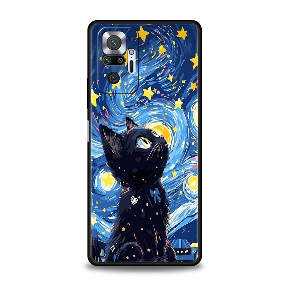 Cat Van Gogh Starry Sky Phone Case For Xiaomi Redmi Note 14 13 5G 10 11 12 Pro Plus 4G 14C 13C 12C 10C Black Cover
