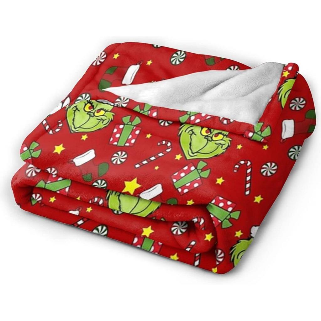 Cartoon Green Monster Christmas Red Blanket Christmas Vibe Flannel Blanket Digital Printing