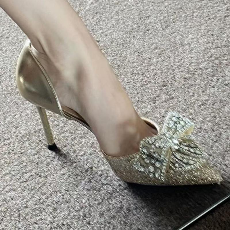 Fashion Women's Fashion Single Shoes Spring New Style Pointed Head Shallow Mouth Crystal Butterfly Knot Set Foot Non-slip High Heels