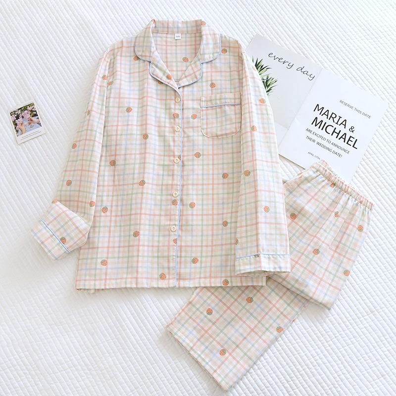 

Japanese New Women s Pajama Set 100% Cotton Gauze Long Sleeve Long Pants Two Piece Set Fresh and Sweet Thin Home Clothing M
