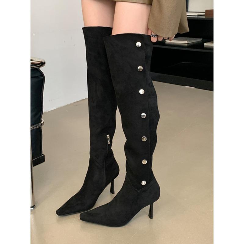 Two Wearing Retro Pointed Tall Pile Boots Women's Thin Heel Knight Boots High Heel Pleated Over Knee Western Boots