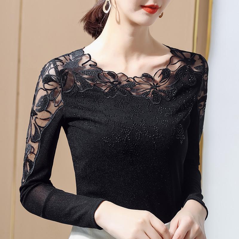

Футболка из марли с кружевной вышивкой Lanxinge: Женский топ с длинными рукавами в стиле вестерн с ромбами M чёрный
