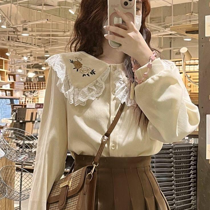 Women s Corduroy Doll Collar Shirt, Embroidered French Design for Autumn/Winter 2025 XL