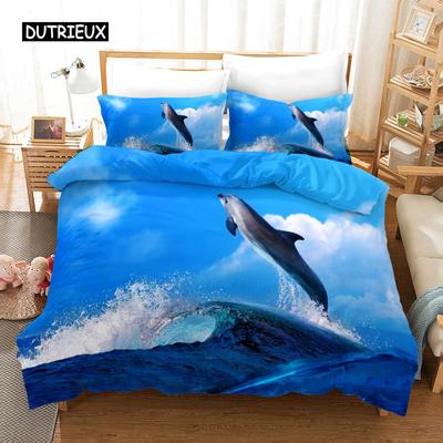 Parure de lit motif dauphins 3D, housse de couette en polyester, motif animaux marins, pour adolescents, taille double, queen et king size