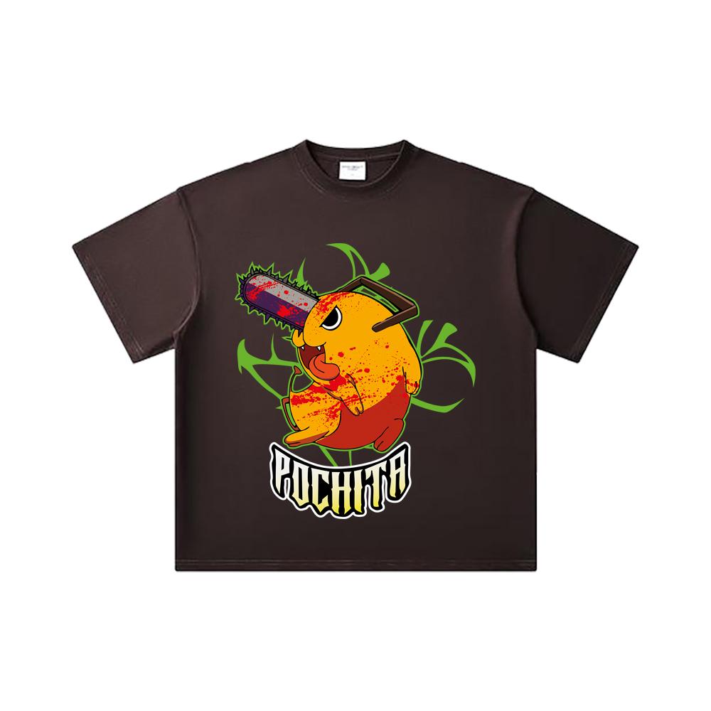 260 GSM Double Yarn 32 Count 100% Cotton Chainsaw Man V36 Denji Pochita Print Unisex Heavy Cotton T Shirt