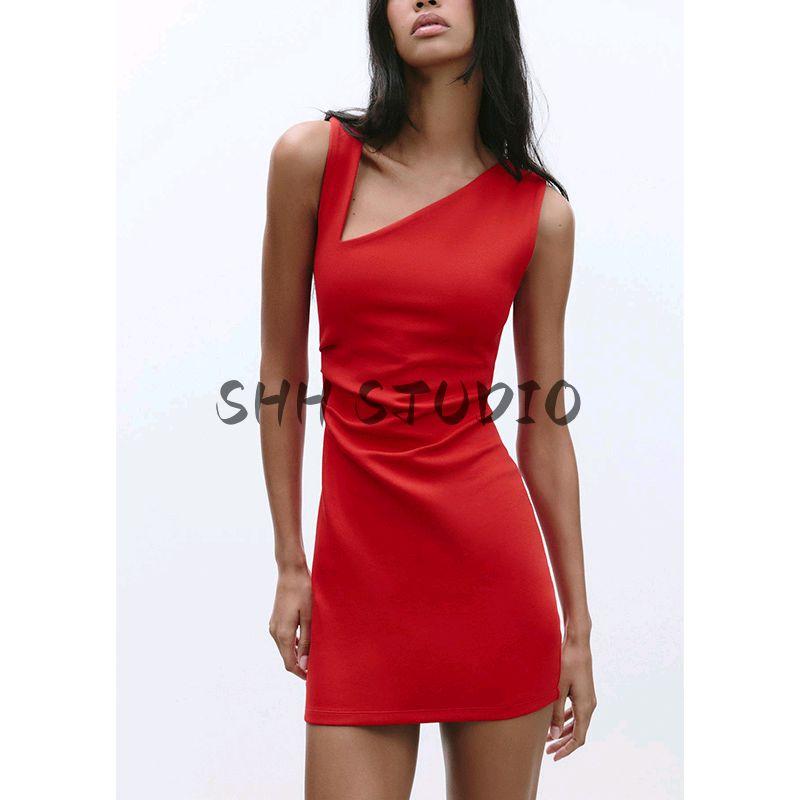 Women's Spring Clothing Sexy Style Cotton Blend Draped Basic Sleeveless Asymmetric Collar Short Dress 3641313