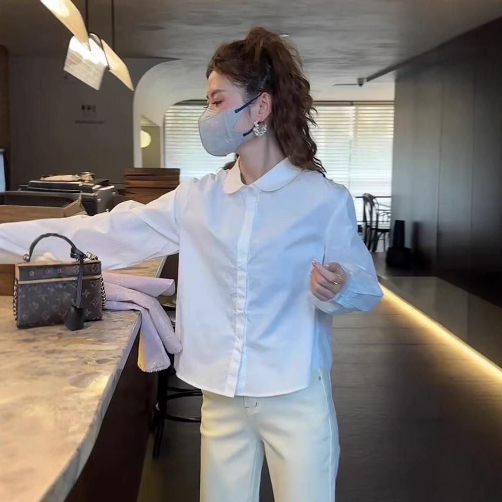 

2025 Весенняя женская белая рубашка с длинным рукавом и воротником Питер Пэн XL белый