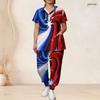 Damen Übergröße V-Ausschnitt Kurzarm Kasack-Set Marineblau Mit Roten Punkten Dekor Print Krankenschwester Uniform Set