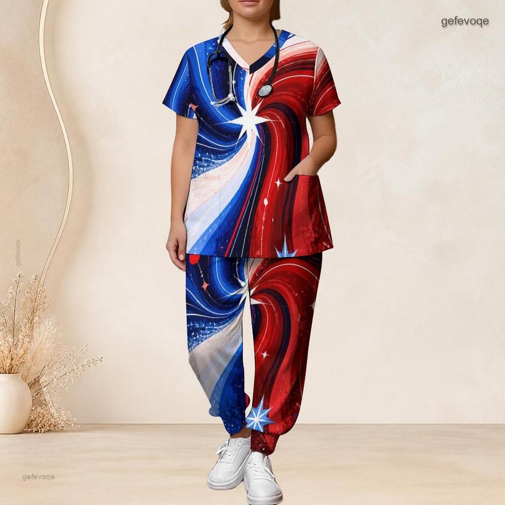 Damen Übergröße V-Ausschnitt Kurzarm Kasack-Set Marineblau Mit Roten Punkten Dekor Print Krankenschwester Uniform Set
