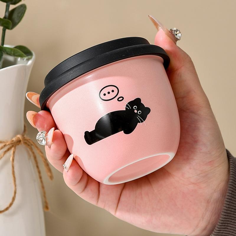 Pink Coffee Cup Holding Cup Small Capacity Girl Winter Hand Warmer Cup Ceramic with Silicone Lid Kitten Latte Cup