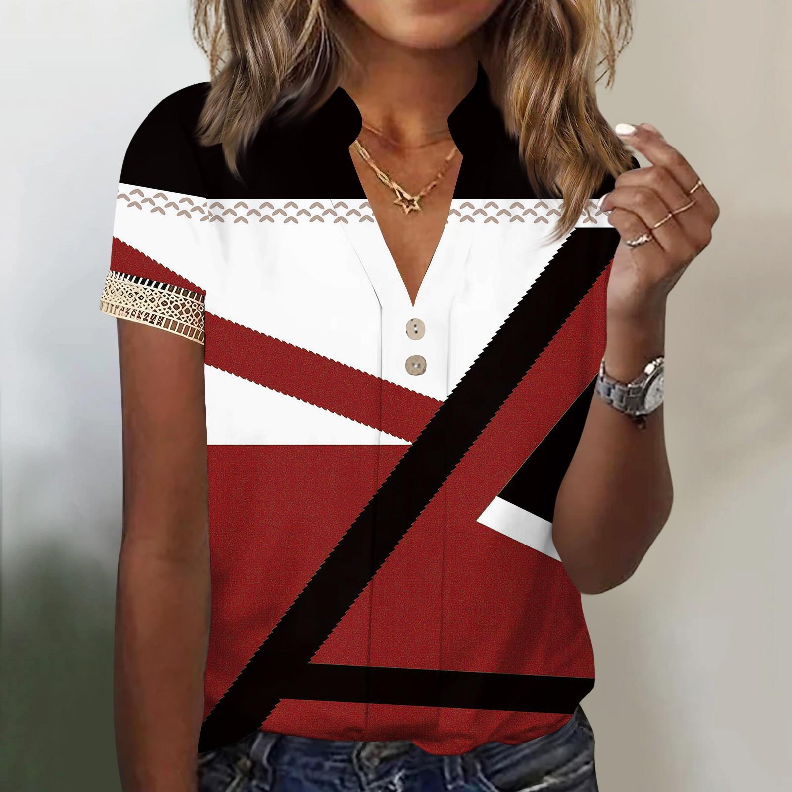 

Женский свободный повседневный топ с V-образным вырезом и кружевным рукавом, короткий рукав, топ с геометрическим принтом XXL винный