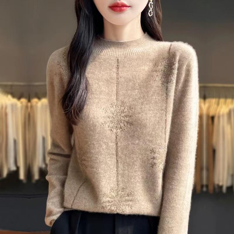 Autumn Winter Heavy Duty Rhinestone Velvet One-Piece High Collar Knit Pullover Sweater